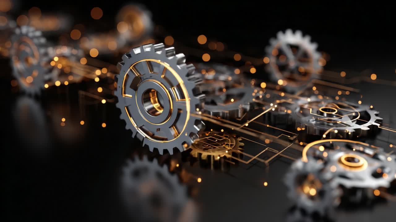 Industrial mechanism with turning gears and cogwheels connected by a luminous digital circuit board representing innovation, teamwork, and modern engineering on a dark reflective background