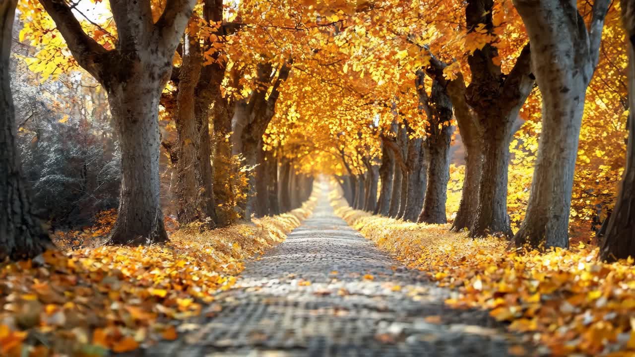 un camino bordeado de árboles en el medio de un bosque cubierto de hojas amarillas