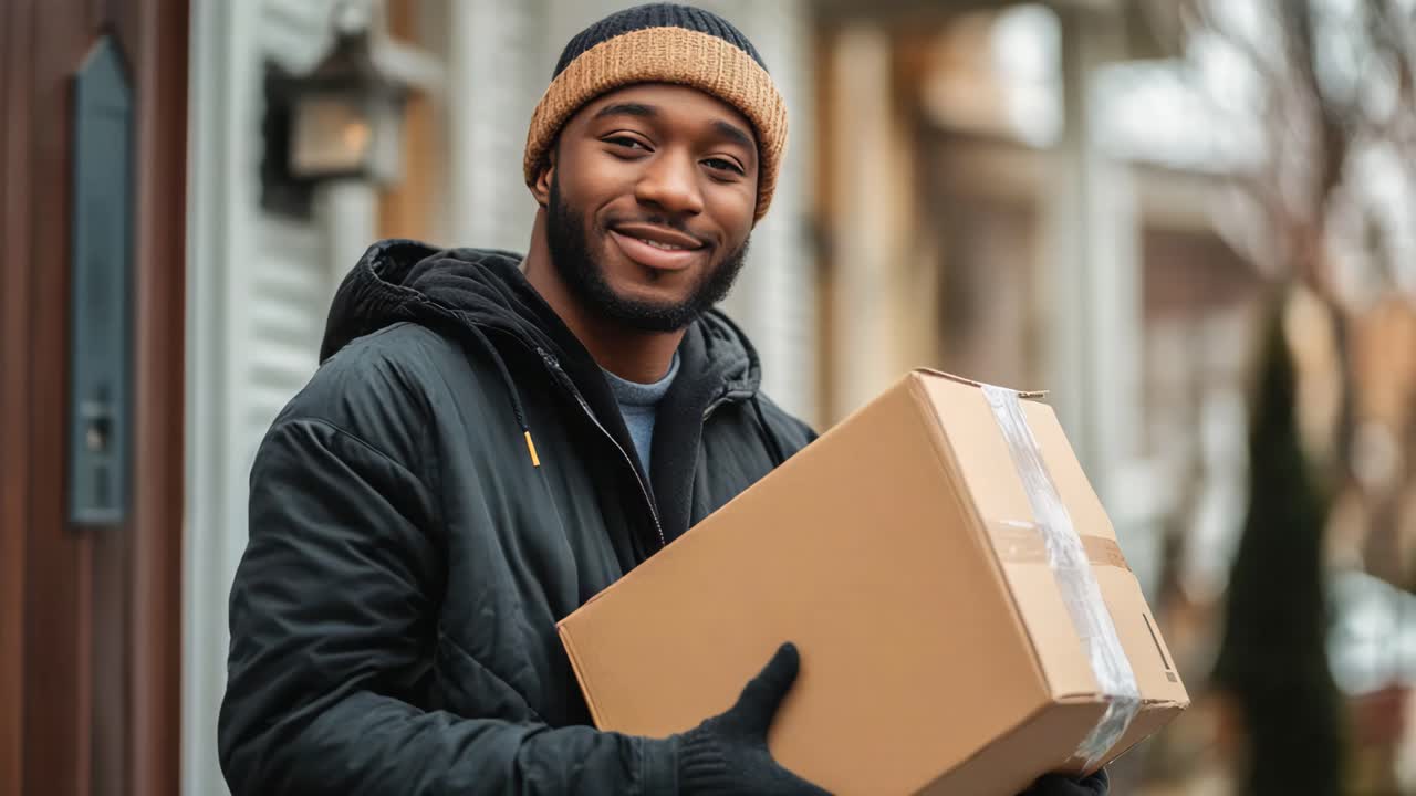 Happy delivery person at the front door in winter