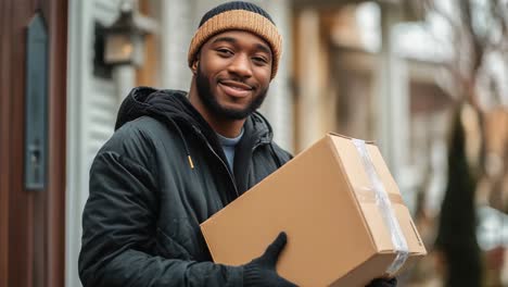 happy delivery person at the front door in winter