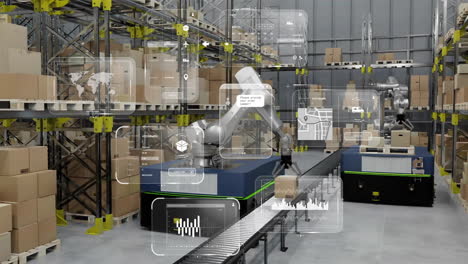 animation of data processing and diagrams over warehouse