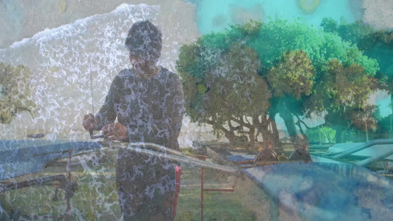 man adjusting kayak rope outdoors, showcasing health theme with animated water ripple overlay