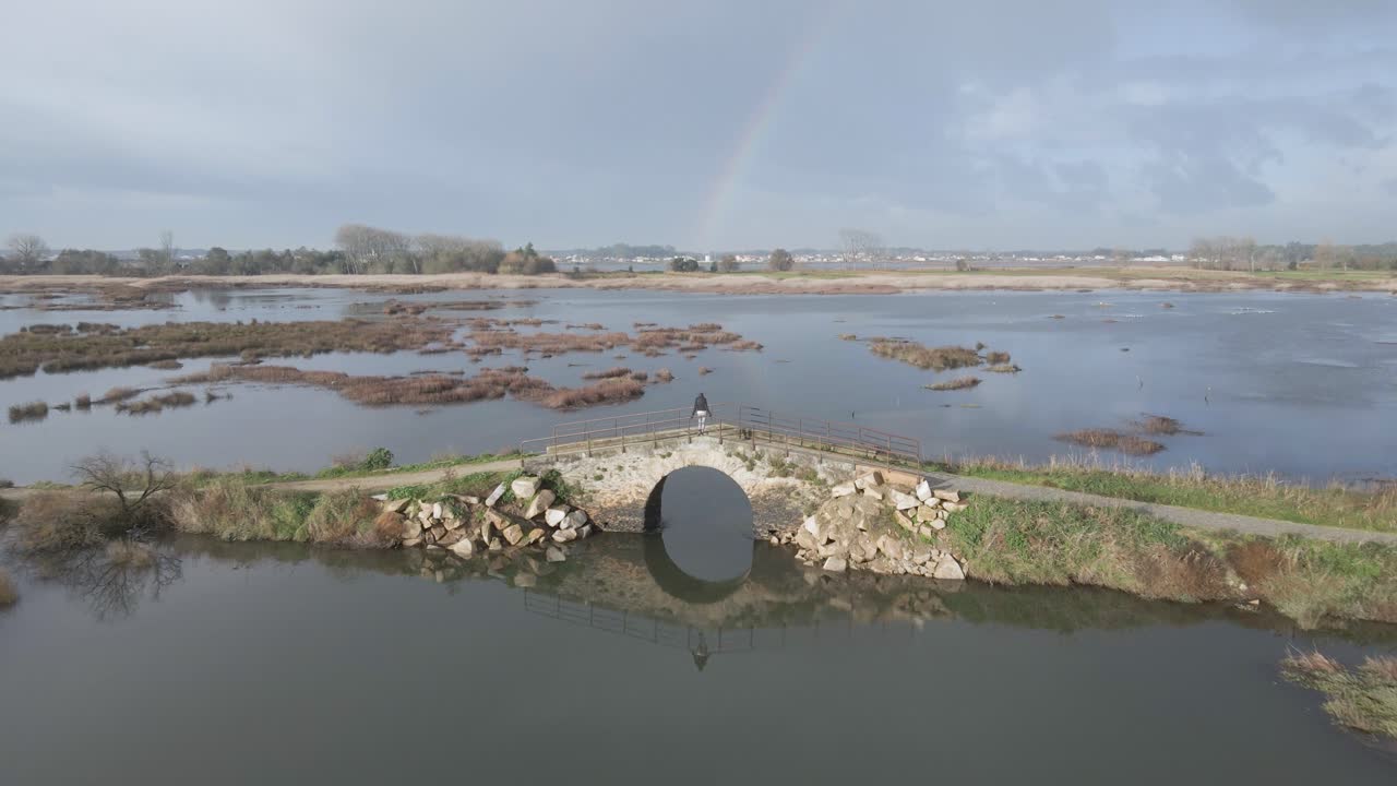 무지개를 보는 젊은 여성