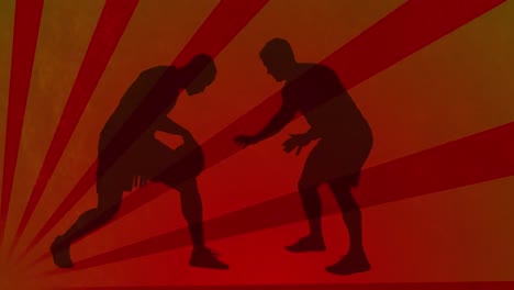animación de siluetas de jugadores de baloncesto sobre formas en fondo naranja.