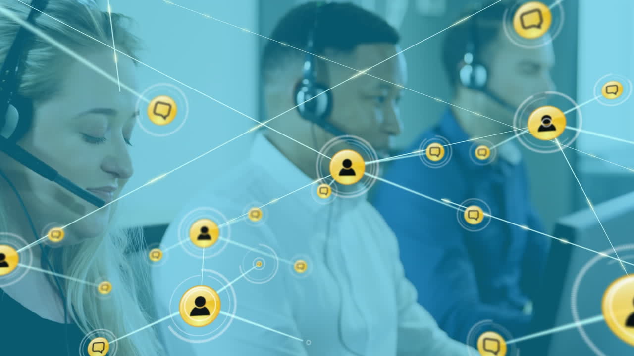 Animation of network of connections over diverse business people using phone headsets