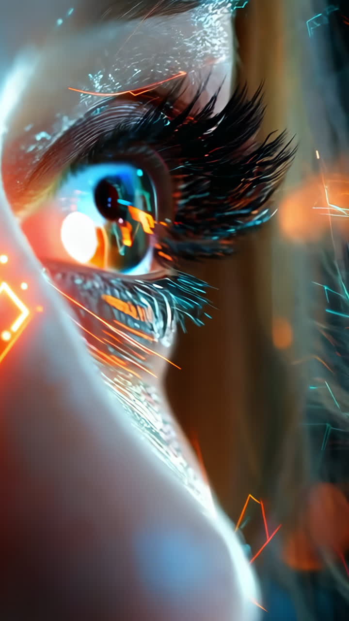 A woman's face is shown in a computer generated image with a glowing orange eye Vertical video