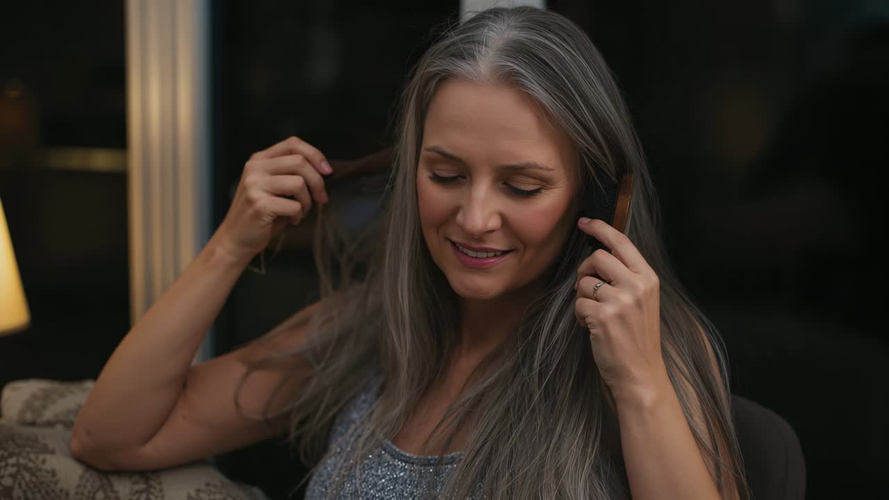 Mulher de meia-idade levantando e penteando o cabelo com um pente de madeira em casa para se arrumar, usando uma regata brilhante