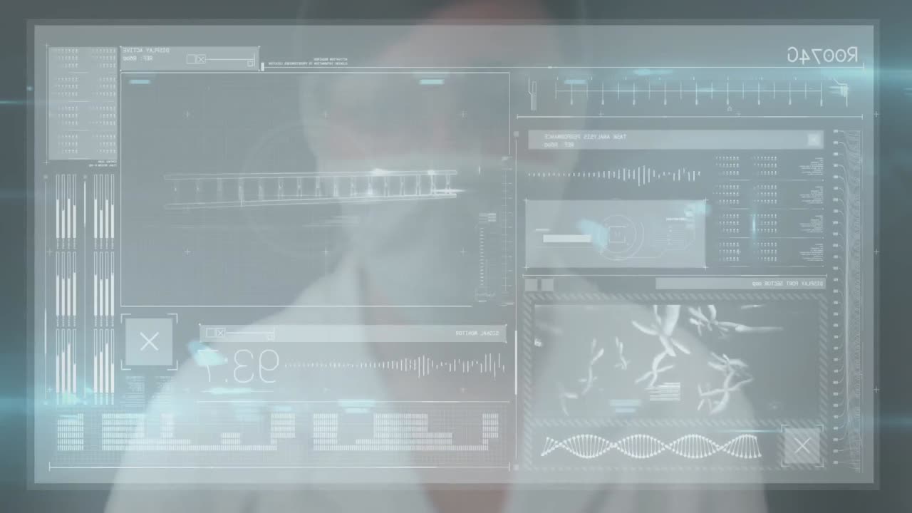 보이지 않는 화면을 만지는 백인 여성 의사에 대한 데이터 처리 인터페이스의 애니메이션