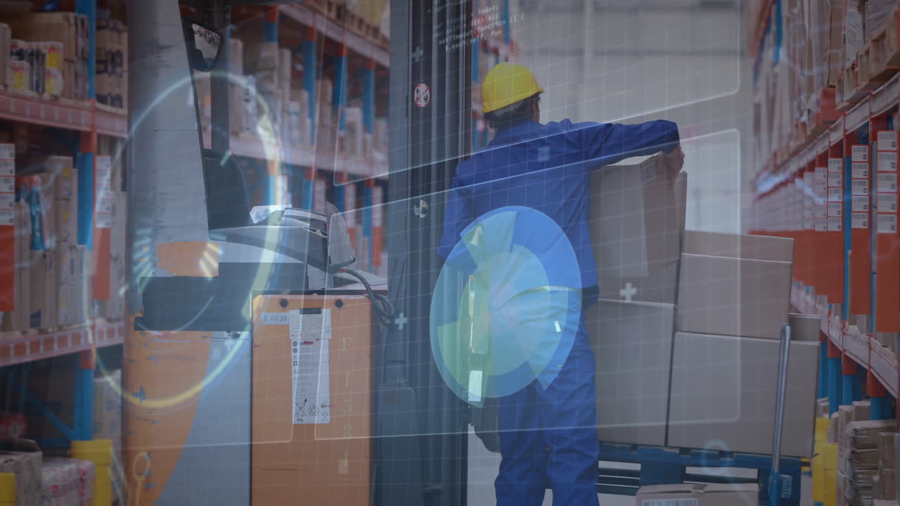 Moving boxes in warehouse, worker in blue uniform with digital animation overlay