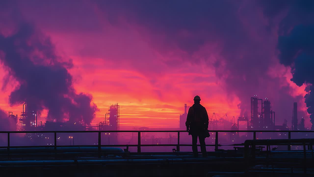 A solitary figure stands on an industrial overlook, gazing at a breathtaking sunset illuminated by vibrant colors, amidst the silhouettes of a complex factory landscape