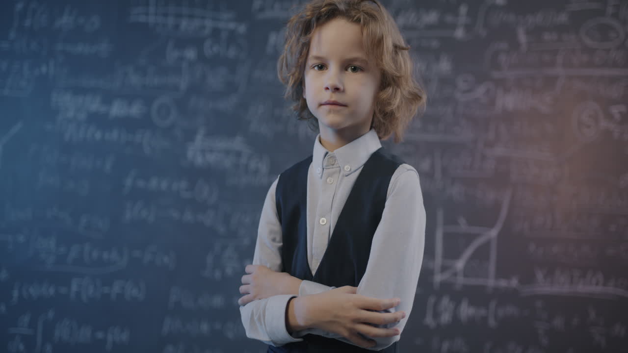 Young Boy in School Uniform Standing in Front of a Blackboard