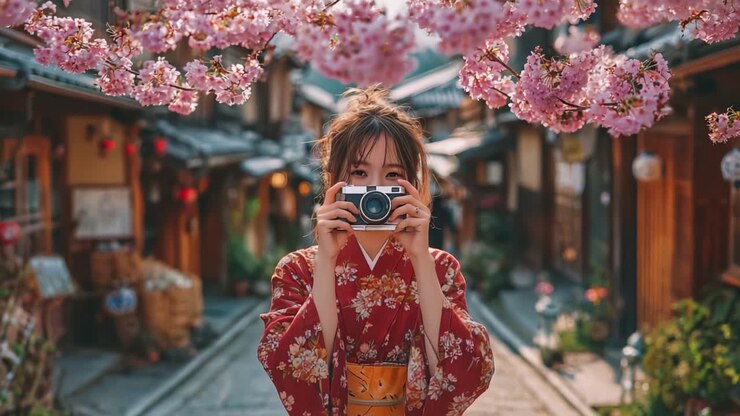 Un momento di gioia sotto i ciliegi in fiore: immortalare ricordi con una fotocamera in un'ambientazione tradizionale