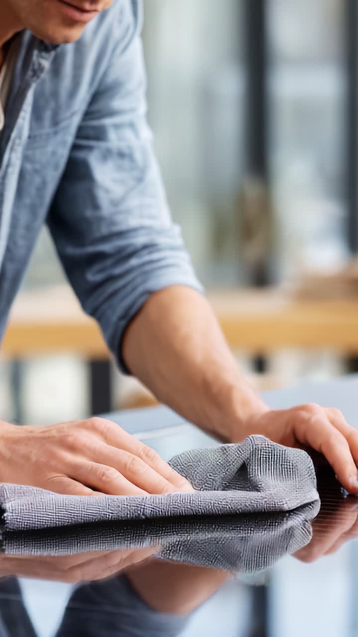 A Person Carefully Wiping a Surface with a Cloth, Showcasing Attention to Detail and Cleanliness in a Modern Interior Setting with Reflective Surfaces