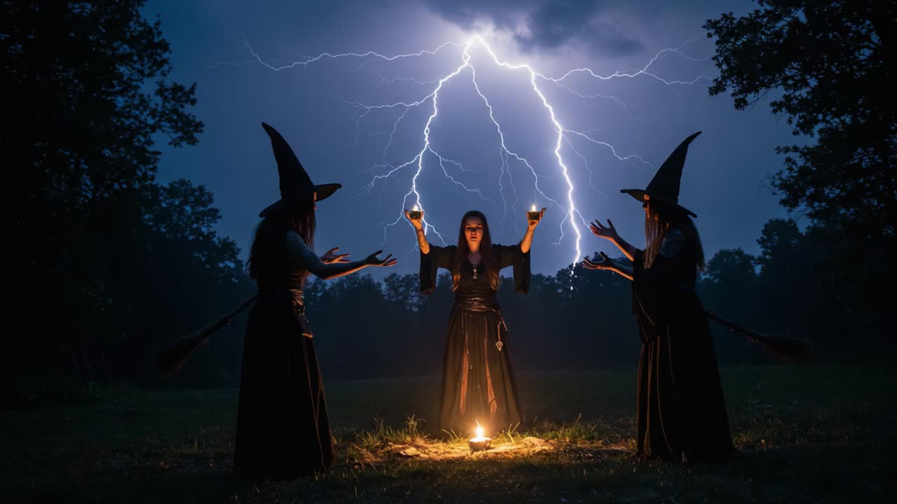 A Powerful Coven of Witches Summoning Storms and Lightning in a Mystical Ritual at Night Under a Dark Sky, Surrounded by Nature's Energy and Elements