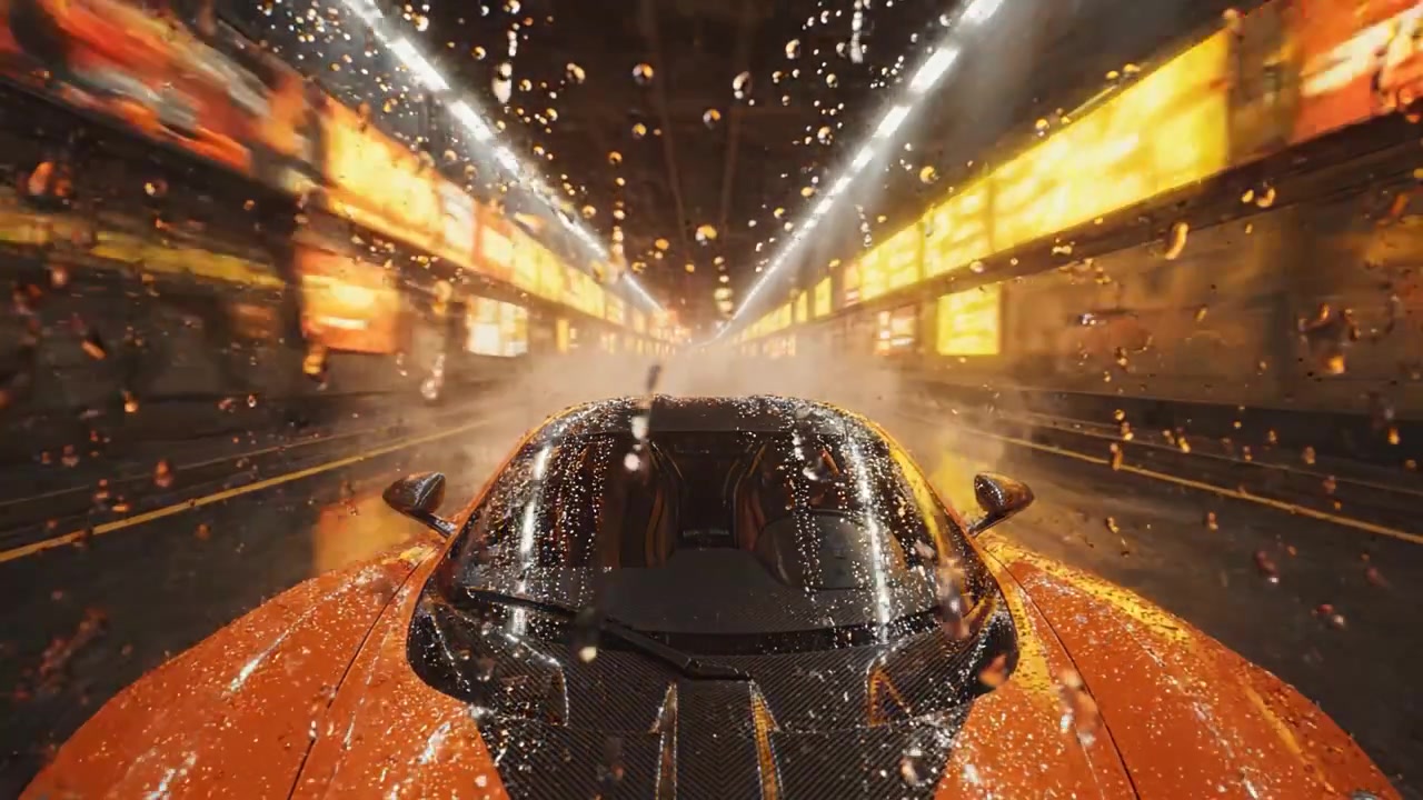 Vivi l'emozione della velocità e dello splendore con questa splendida auto che attraversa un tunnel vibrante, con goccioline d'acqua che brillano mentre accelera verso l'avventura.