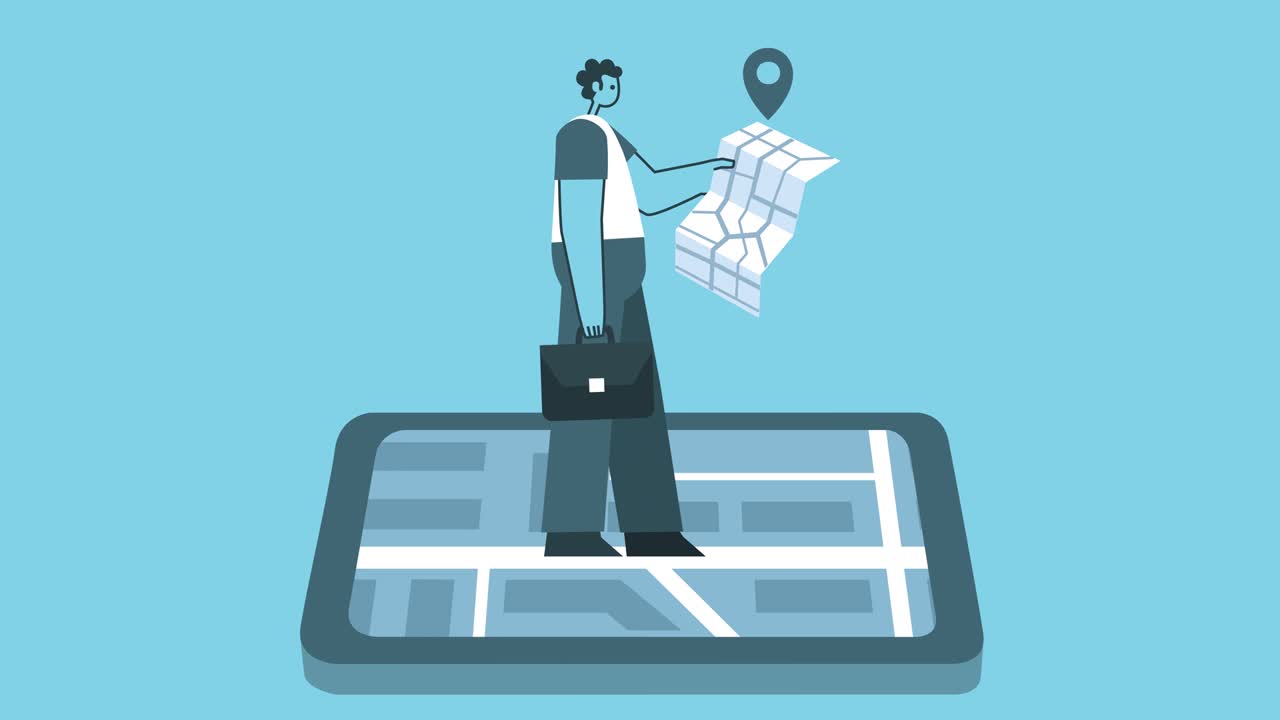 브리프케이스를 들고 gps 지도와 스마트폰으로 걸어가는 평평한 사업가 평평한 디자인 만화 캐릭터 고립된 루프 2d 애니메이션