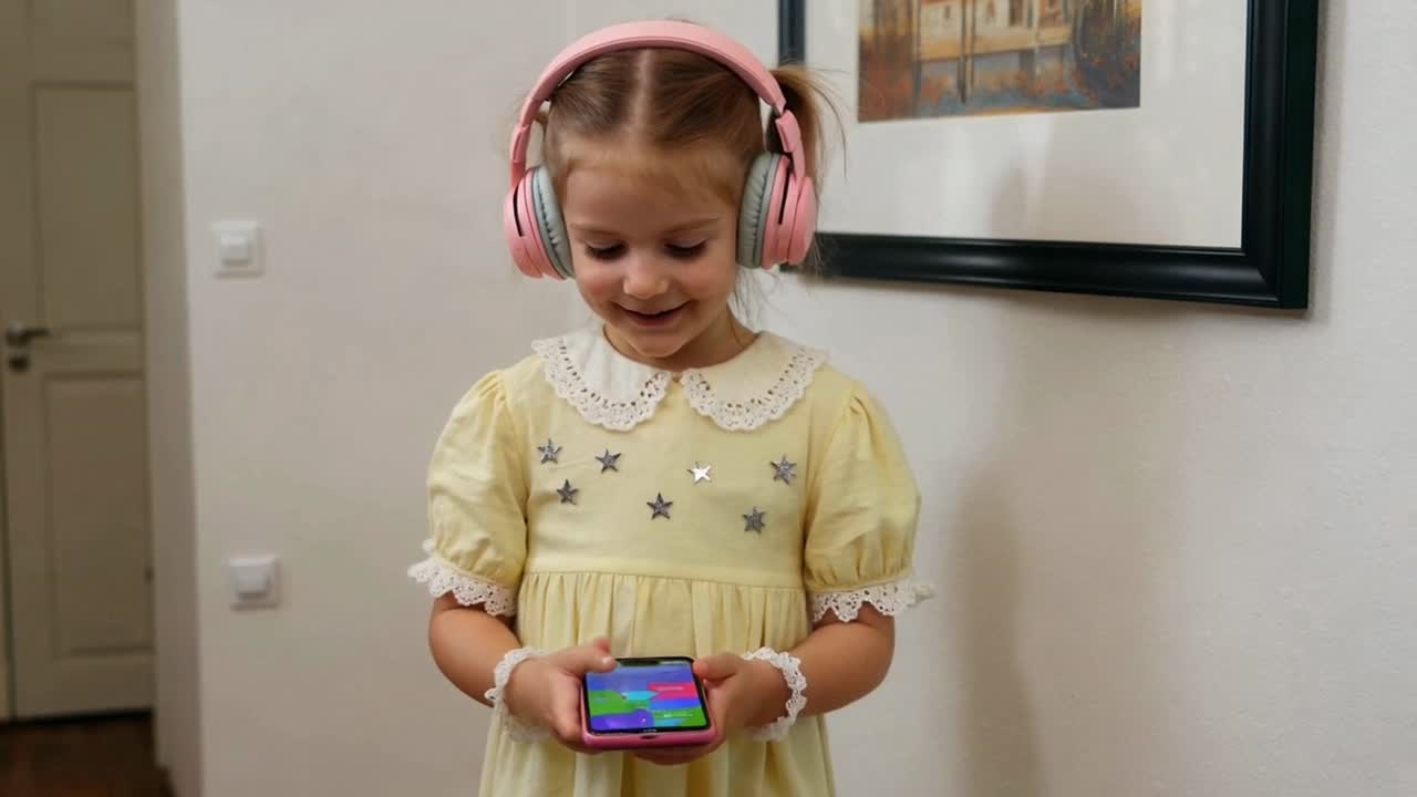 Little Girl with Pink Headphones and Phone