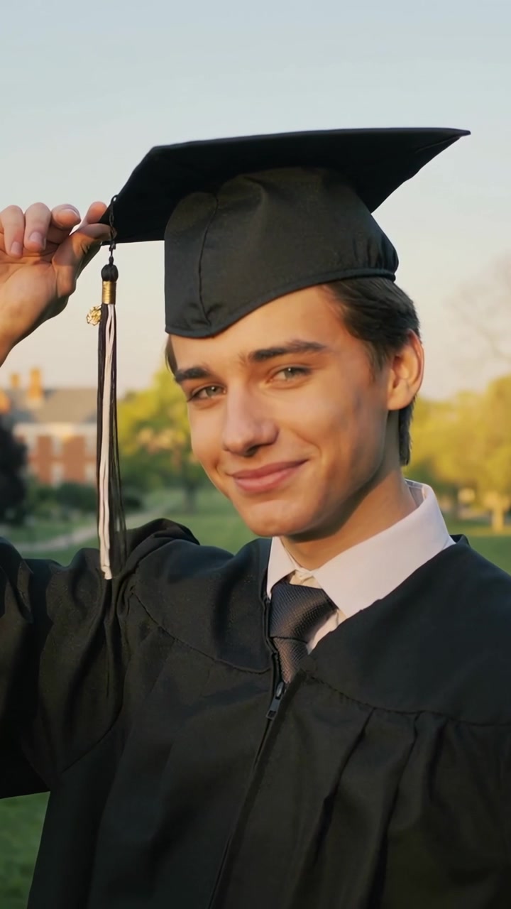 Video verticale: Riprese di una neolaureata in toga che si sistema il tocco nel cortile universitario con luce calda per un ritratto di laurea.