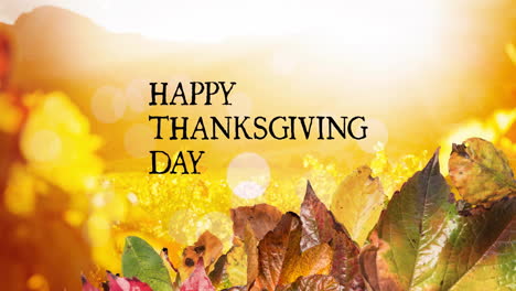 animation of happy thanksgiving day text over autumn leaves background