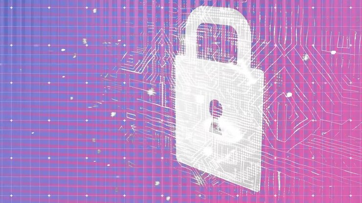 Animation of numbers and integrated circuit over digital padlock on pink and violet background