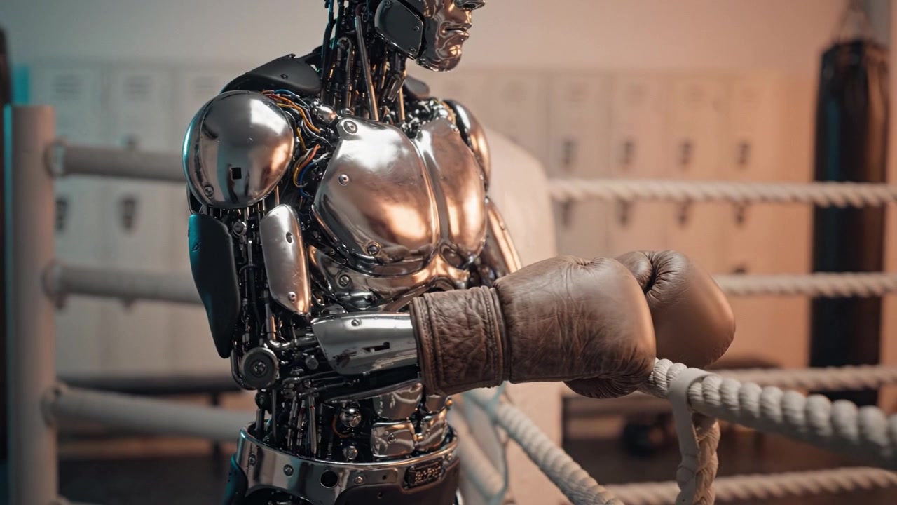 An Advanced Robot in Boxing Gloves Poses Within a Training Ring, Showcasing Humanlike Features and Metallic Design, Embodying the Intersection of Technology and Sport.
