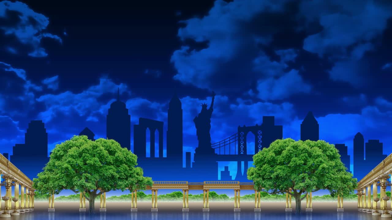 Concert background with a golden collonade and trees against the backdrop of the outlines of New York landmarks. Animation of the city environment for the show.