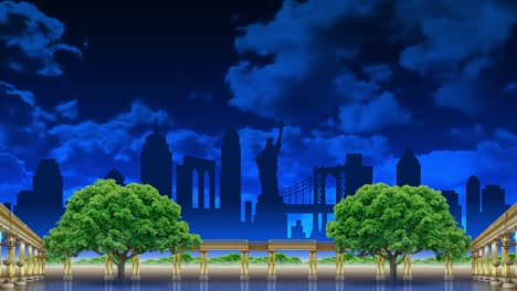 concert background with a golden collonade and trees against the backdrop of the outlines of new york landmarks. animation of the city environment for the show.