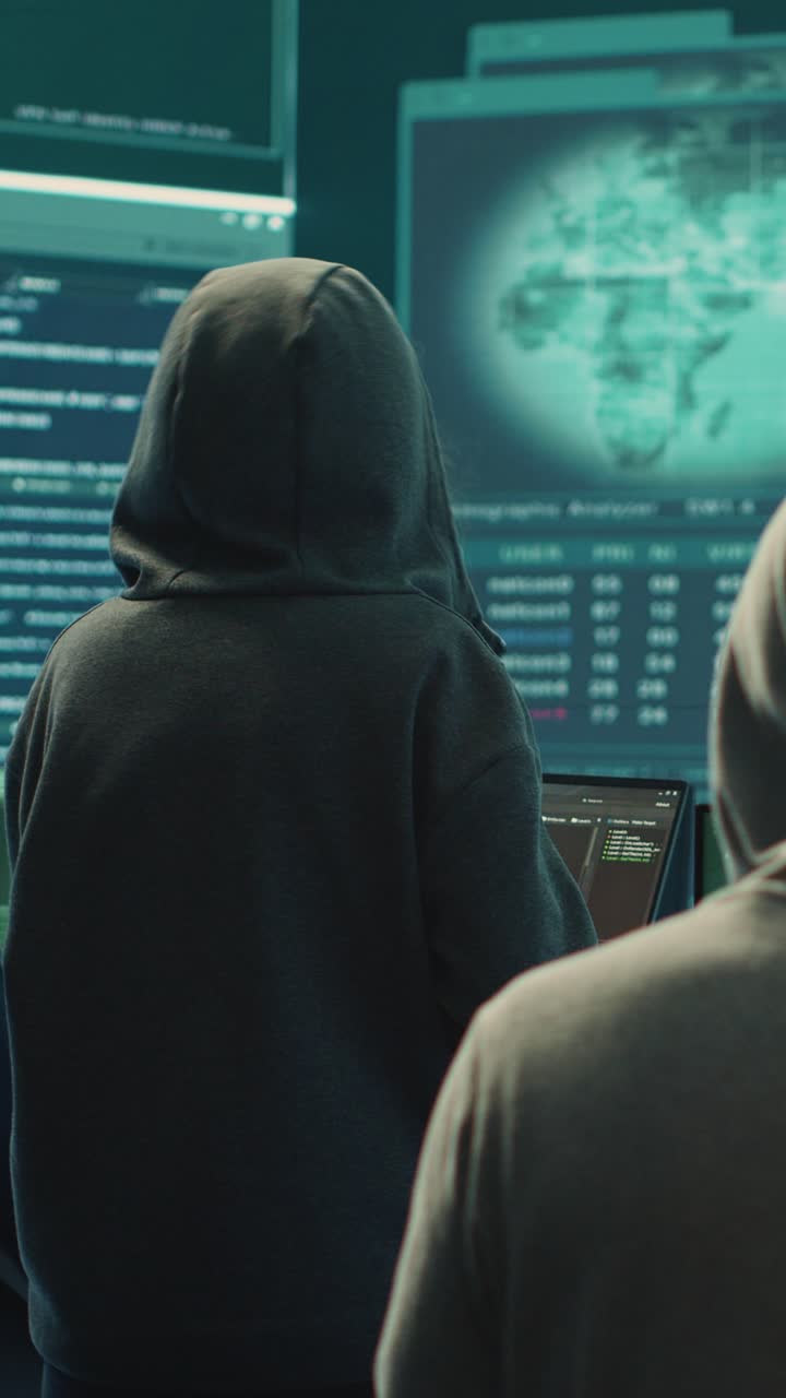 Female Hacker Typing on Laptop in Dark Room with Multiple Screens