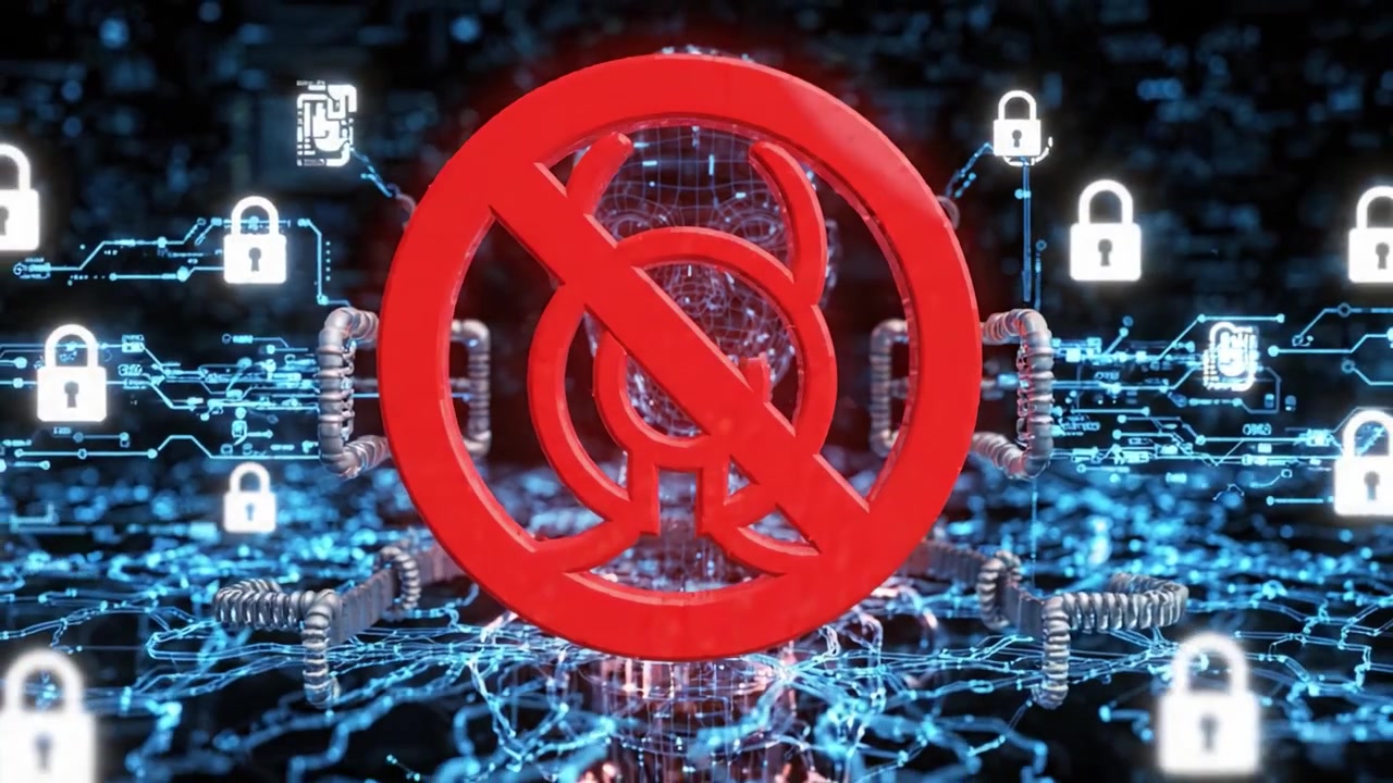 A futuristic digital avatar made of interconnected blue lines and nodes represents advanced technology, as a red warning symbol signals cybersecurity threats in a virtual landscape.