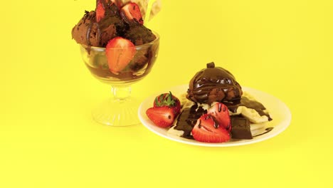 delicious desert on yellow background. chocolate ice cream and waffles for desert