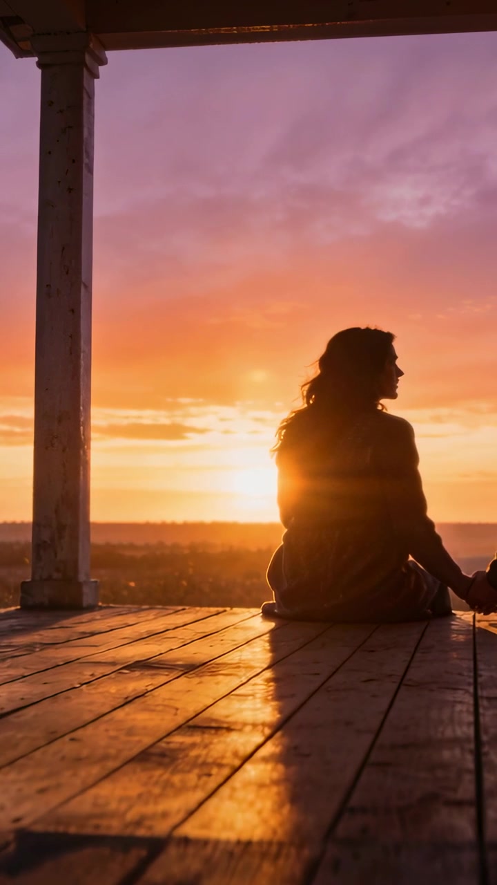 Video verticale: Donna seduta con maniche lunghe che guarda il tramonto sul portico, mani che si toccano, spazio per il testo.