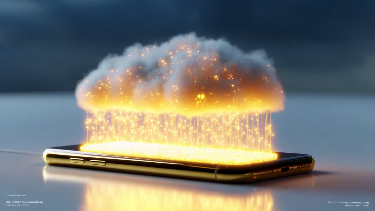 A Captivating Visualization of a Cloud Forming Above a Mobile Device, with Golden Particles Cascading Down, Symbolizing the Fusion of Technology and Imagination in a Digital Realm