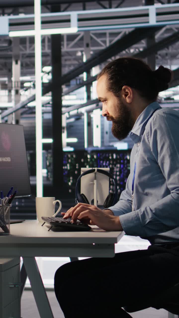 Vertical video Panicked engineers in data center reacting to ransomware warning on PC