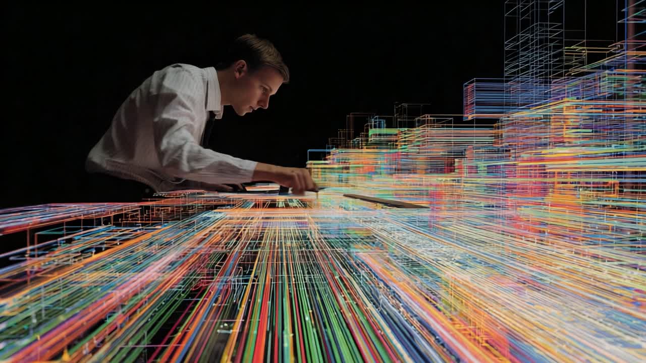 A Focused Individual Engaging with Complex Digital Designs and Patterns, Highlighting the Intersection of Technology and Creativity Through Vibrant Visual Data Representations