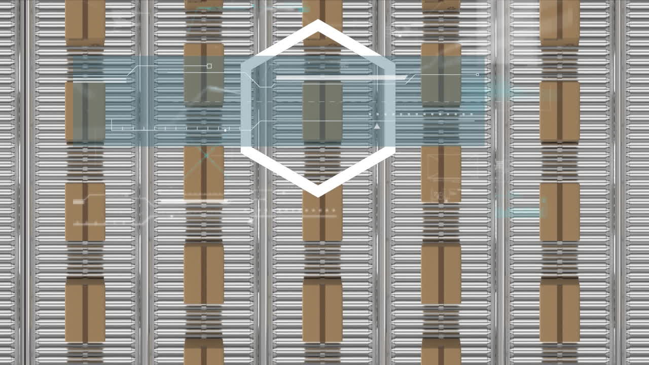 육각형의 애니메이션과 컨베이어 벨트에 움직이는 카드본 상자에 대한 데이터 처리