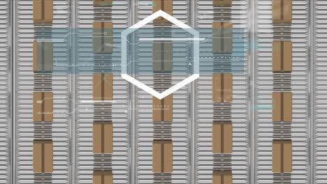 animación de hexágonos y procesamiento de datos sobre cajas de cartón que se mueven en cintas transportadoras