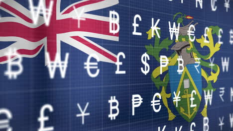 animation of currency symbols floating over british flag and solomon islands coat of arms