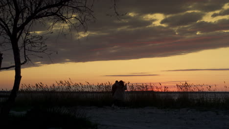 pareja caminando por la playa al atardecer pasando tiempo juntos en el paisaje costero de la naturaleza