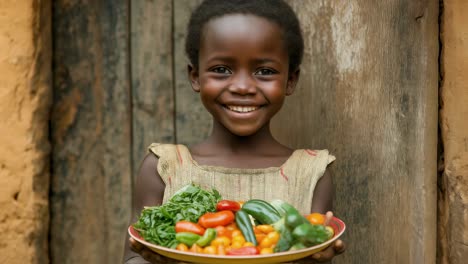 smiling african girl proudly offering fresh vegetables from her garden, symbolizing self sufficiency, healthy eating, and the potential of small scale farming in developing countries