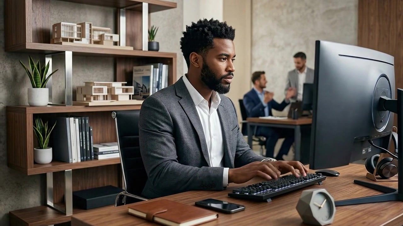 Professional businessman working on computer in modern office environment