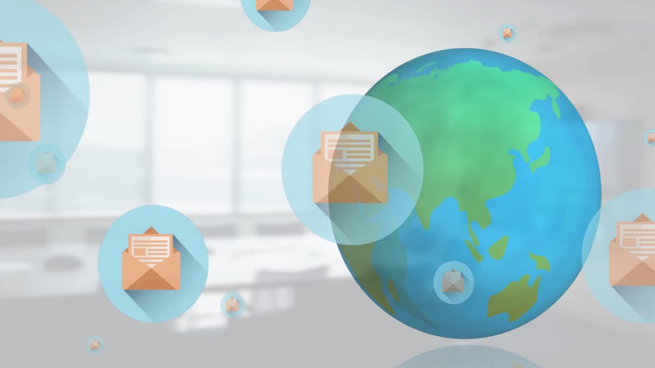 메일 아이콘과 공허한 사무실 위에서 회전하는 지구의 애니메이션