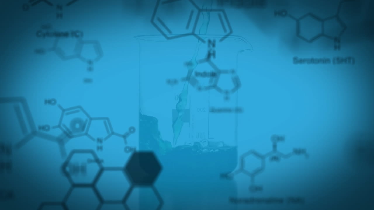 Animation of molecule structures over liquid falling in laboratory flask against blue background