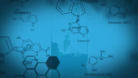 animation of molecule structures over liquid falling in laboratory flask against blue background