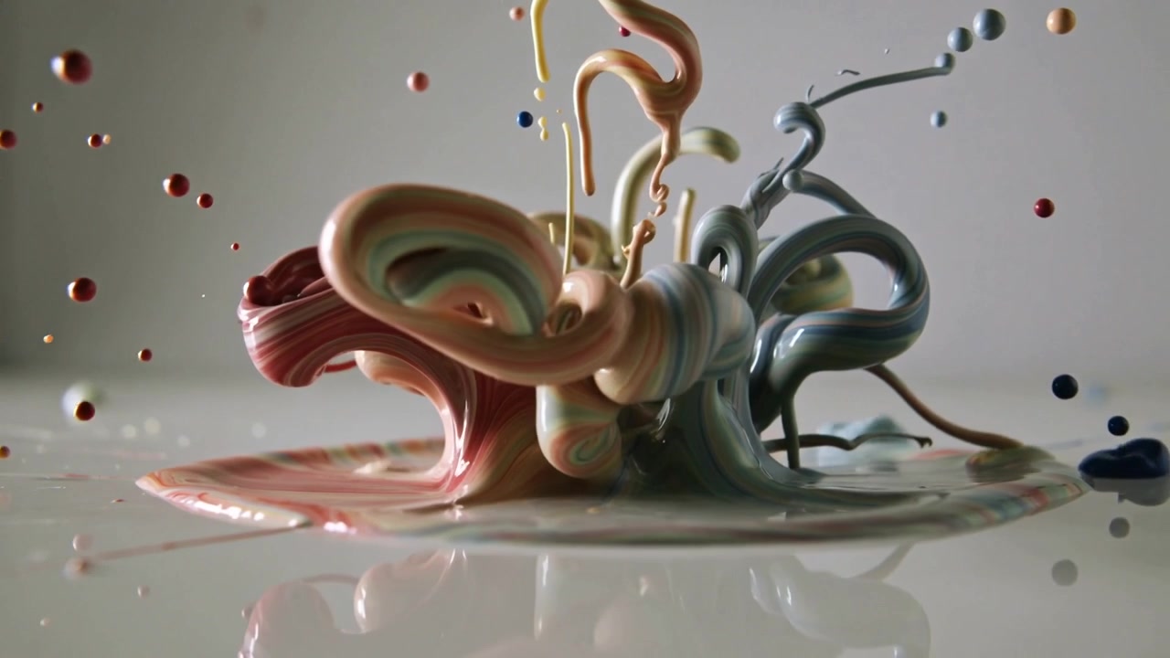 Striking droplets lifting pastel paint, forming looping ribbons and beads on white tabletop