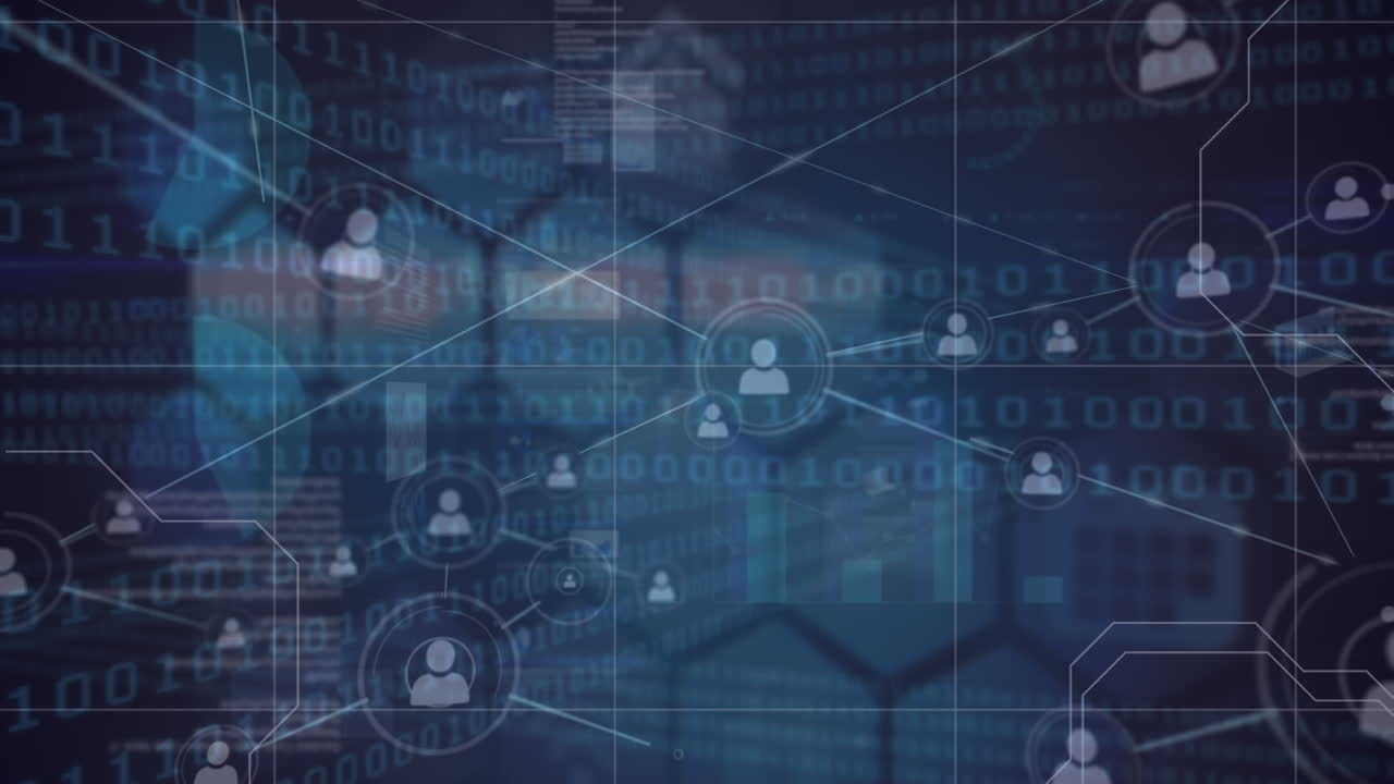Animation of network of connections and binary code over navy background