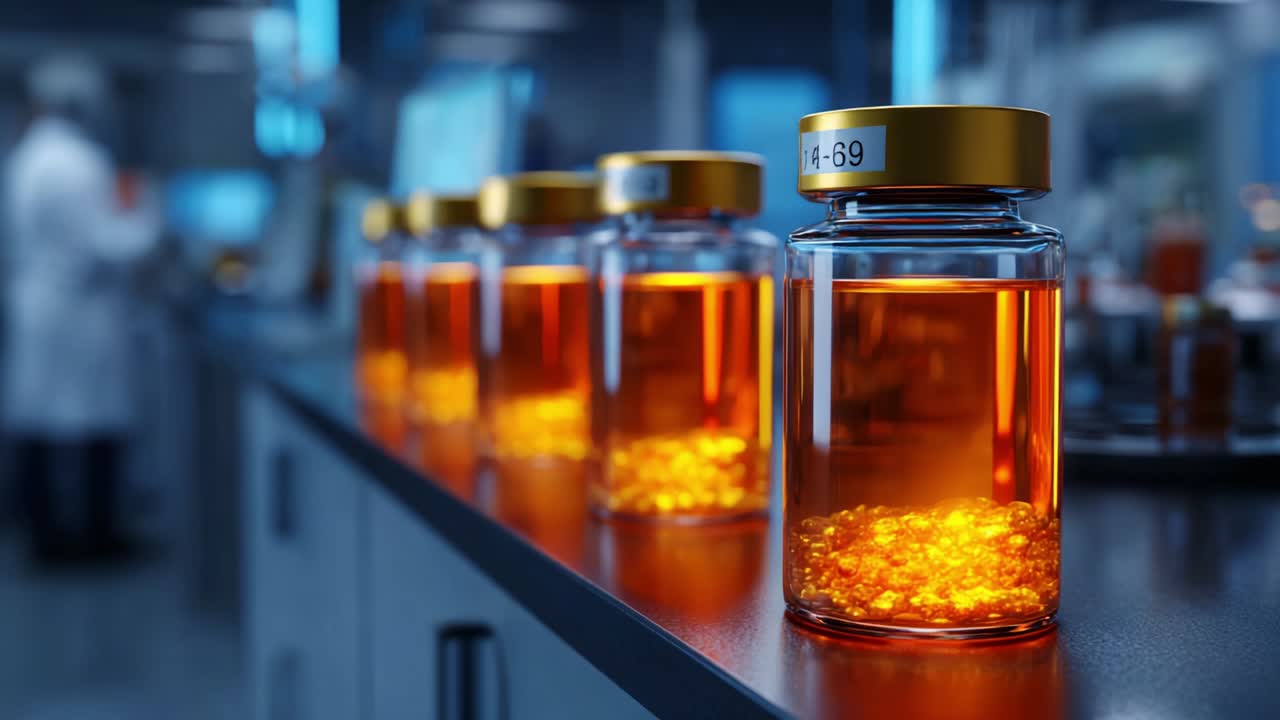 A close-up view of multiple laboratory vials filled with a vibrant orange liquid, showcasing their shining contents under artificial light, emphasizing the intricate details of scientific experimentation and observation