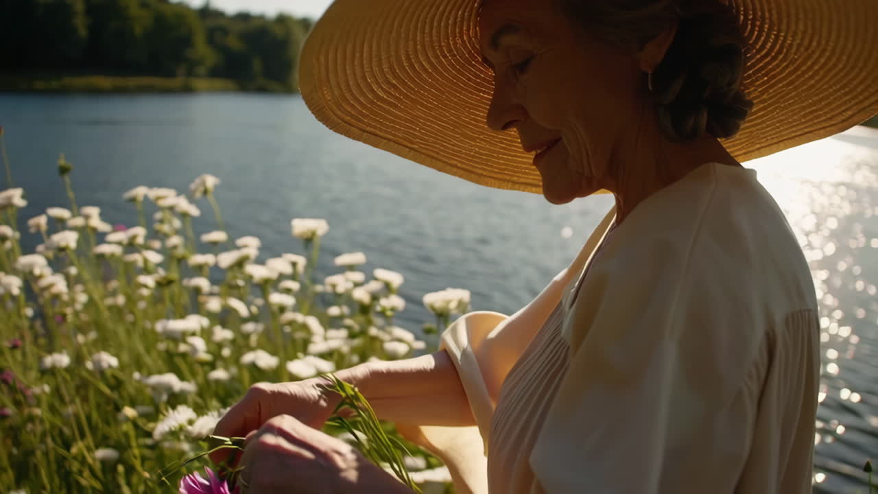Woman in a beige dress surrounded by flowers by a lake at sunset