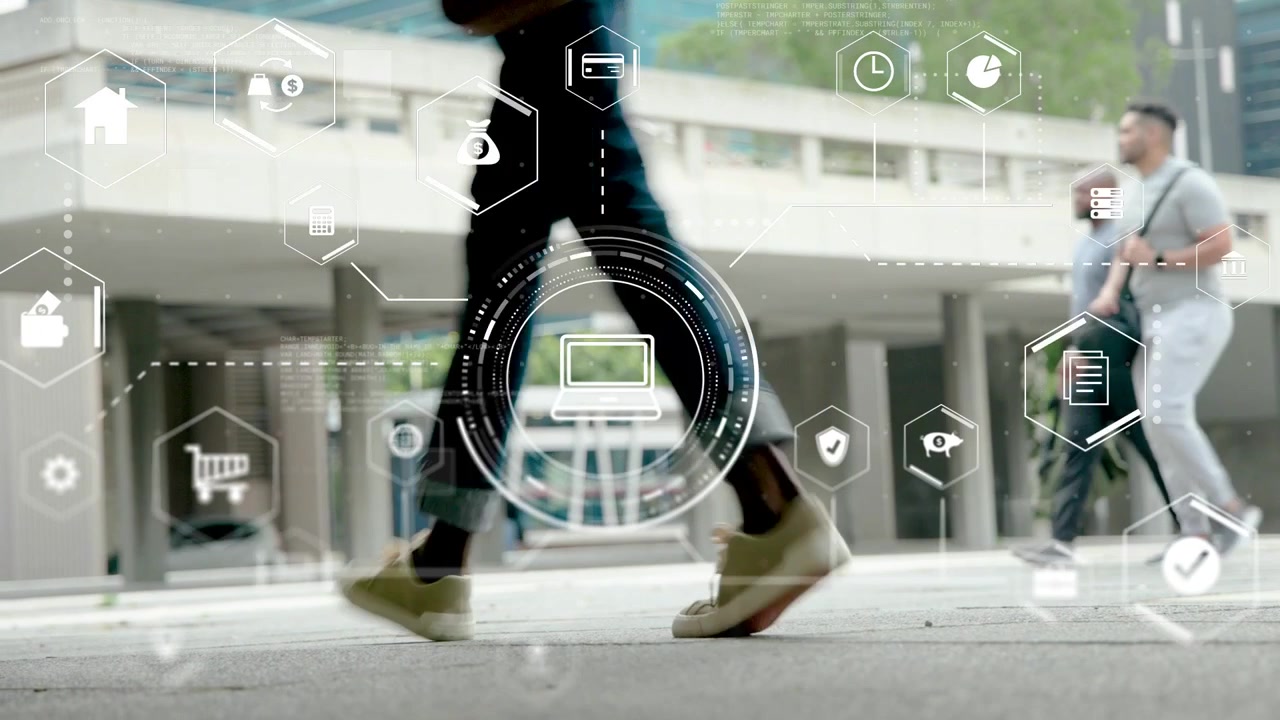 Vertical video: HUD laptop icon emerging in plaza, walker crossing occluding hexes, showing tech