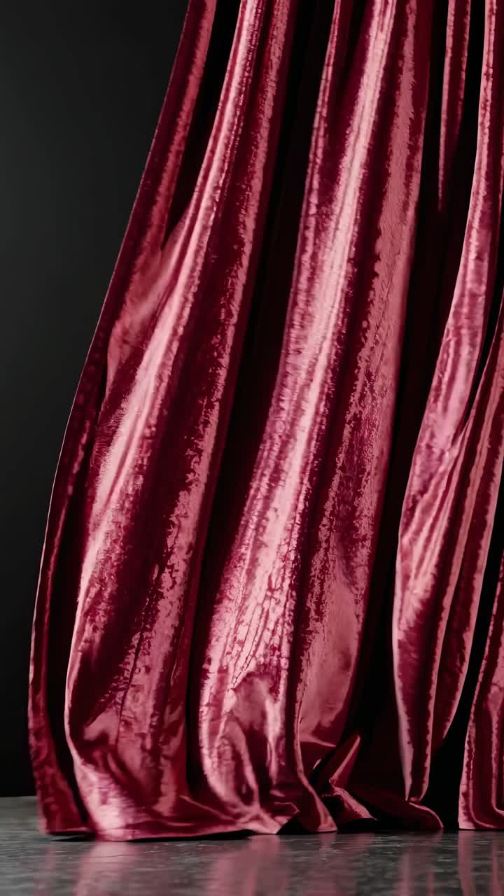 Primo piano di eleganti tende di velluto rosso con illuminazione soffusa, che creano un'atmosfera drammatica e lussuosa