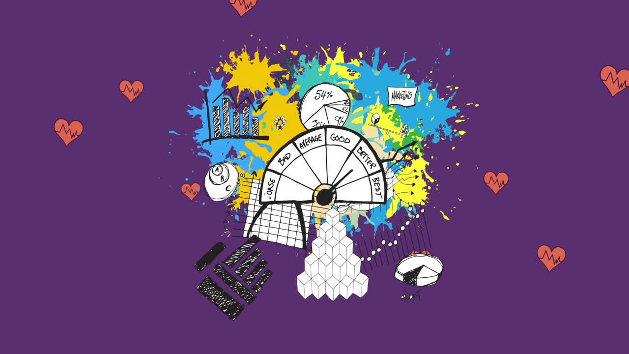 анимация бизнес-икон и сердец на фиолетовом фоне